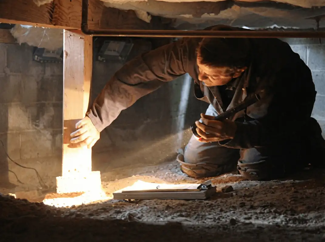 A professional inspecting wooden beams under the floor of a structure in Allentown, PA