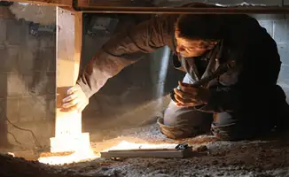 A professional inspecting wooden beams under the floor of a structure in Allentown, PA